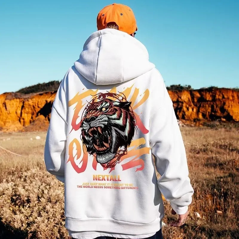 Mens Oversized Hoodie Loose retro fierce tiger Print