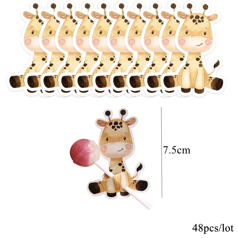 48pcs Wild Animal Lollipop Cards Carton Candy Holder For Kids Wild Forest Happy Birthday Party Candy Gift Accessories Supplies