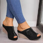Platform fashion women's slides, summer denim slippers with wedge heels, casual sandals available in large size 43.