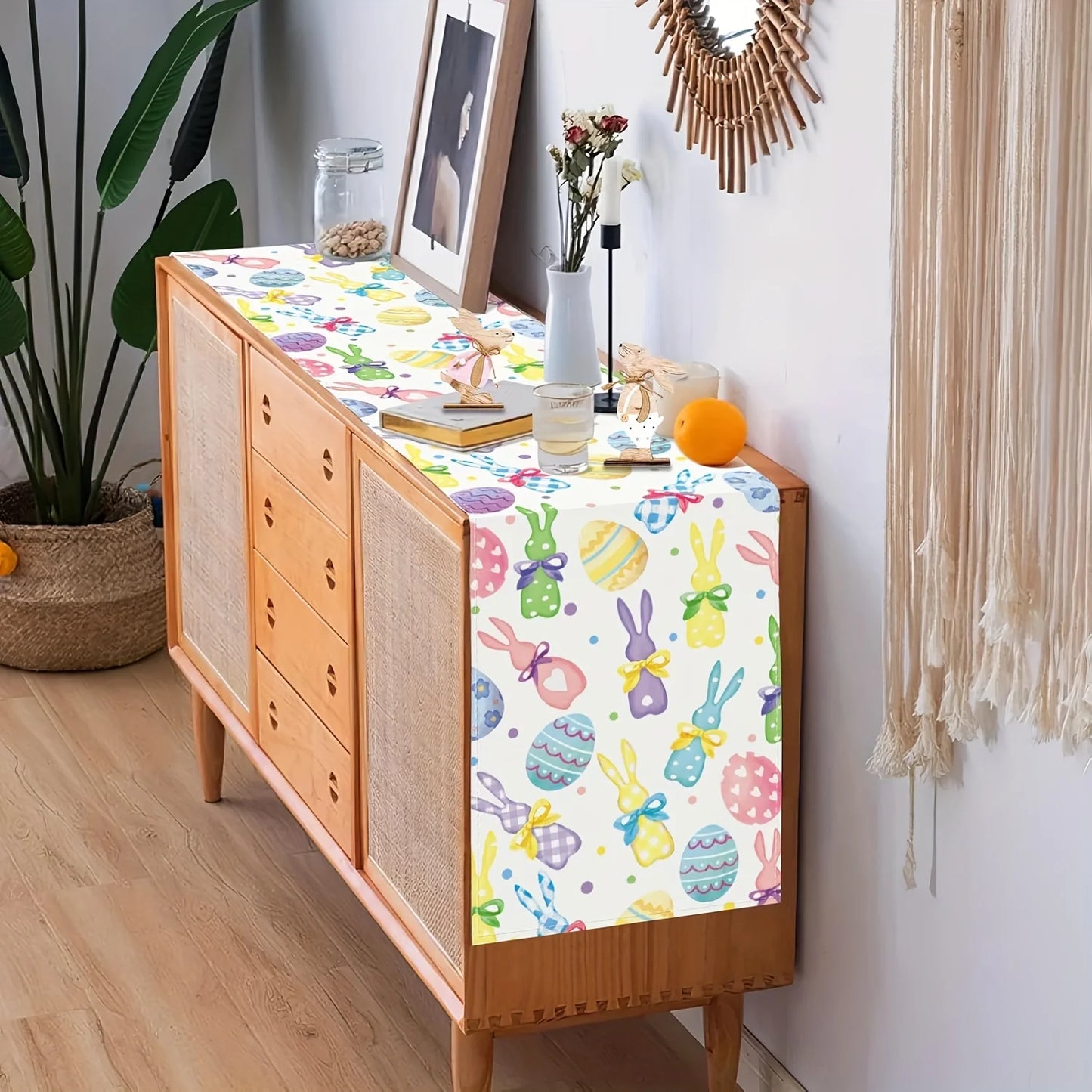 Easter Linen Table Runner – Bunny & Colorful Eggs Spring Kitchen and Dining Decor