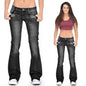 Women Washed Jeans Flare Pants Denim Mid Waist Slim Fit Pockets Button Solid Colour Vintage Full Length Casual Denims Trousers