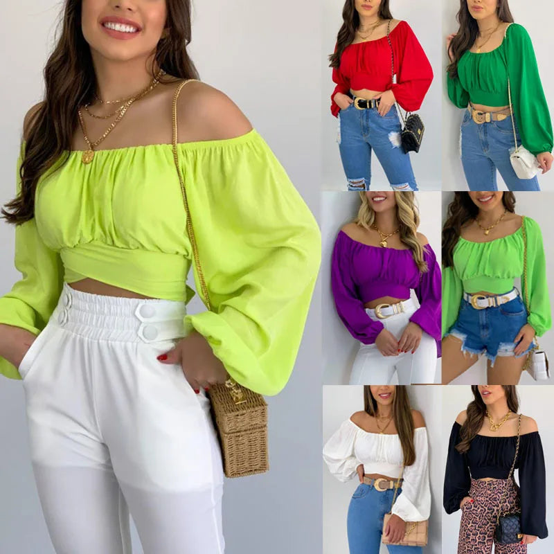 Women's Sexy Off-Shoulder Puff Sleeves Lace-up Tops Navel-Baring Shirts One-Colored Elegant Ladies Bright Color T-Shirt Tops
