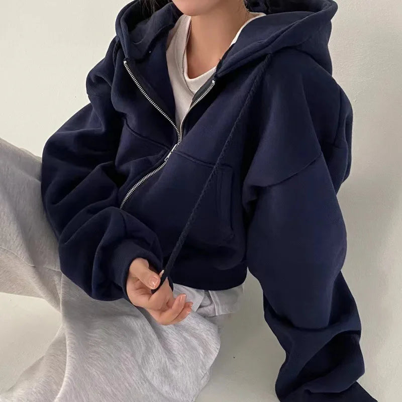 Fleece‑Lined Cropped Zip‑Up Hoodie – Slim Fit Navy Blue Warm Spring/Autumn Sweatshirt for Women