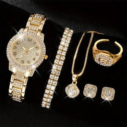 6PCS Women's Luxury Elegant Alloy Crystal Wristwatch, Rhinestone Bracelet, Neckless, Ring