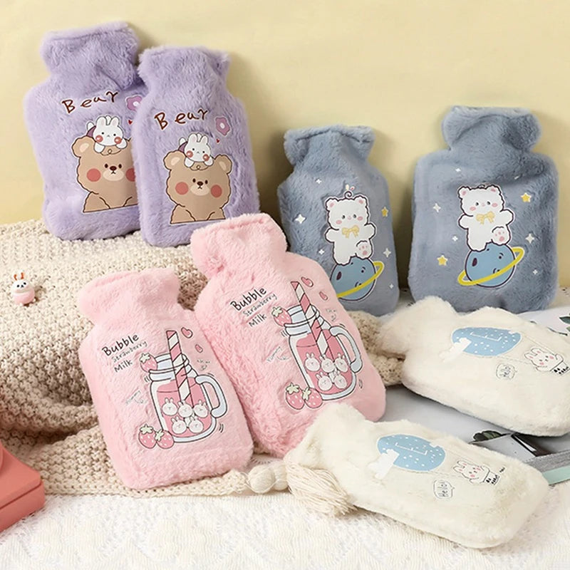 Cute Cartoon Plush Hot Water Bottle: Rabbit and Bear Designs, Velvet, Portable Hand Warmer for Women/Men