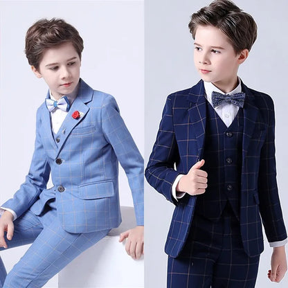 Boys Top Quality Plaid Suit Tuxedo Bowtie Blazer