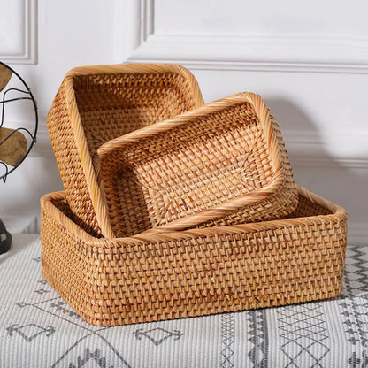 Rectangular Rattan Storage Baskets Handmade Woven Nesting Wicker Baskets for Decor Fruit Tray and Snack Storage Box