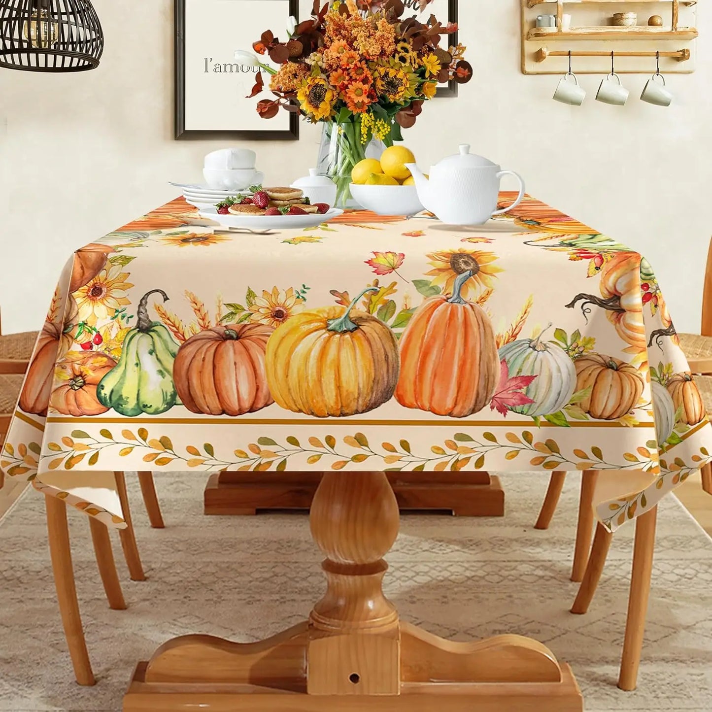 Fall Thanksgiving Rectangle Tablecloths Autumn Watercolour Pumpkin Maple Leaf Table Cover for Home Party Dining Room Table Decor