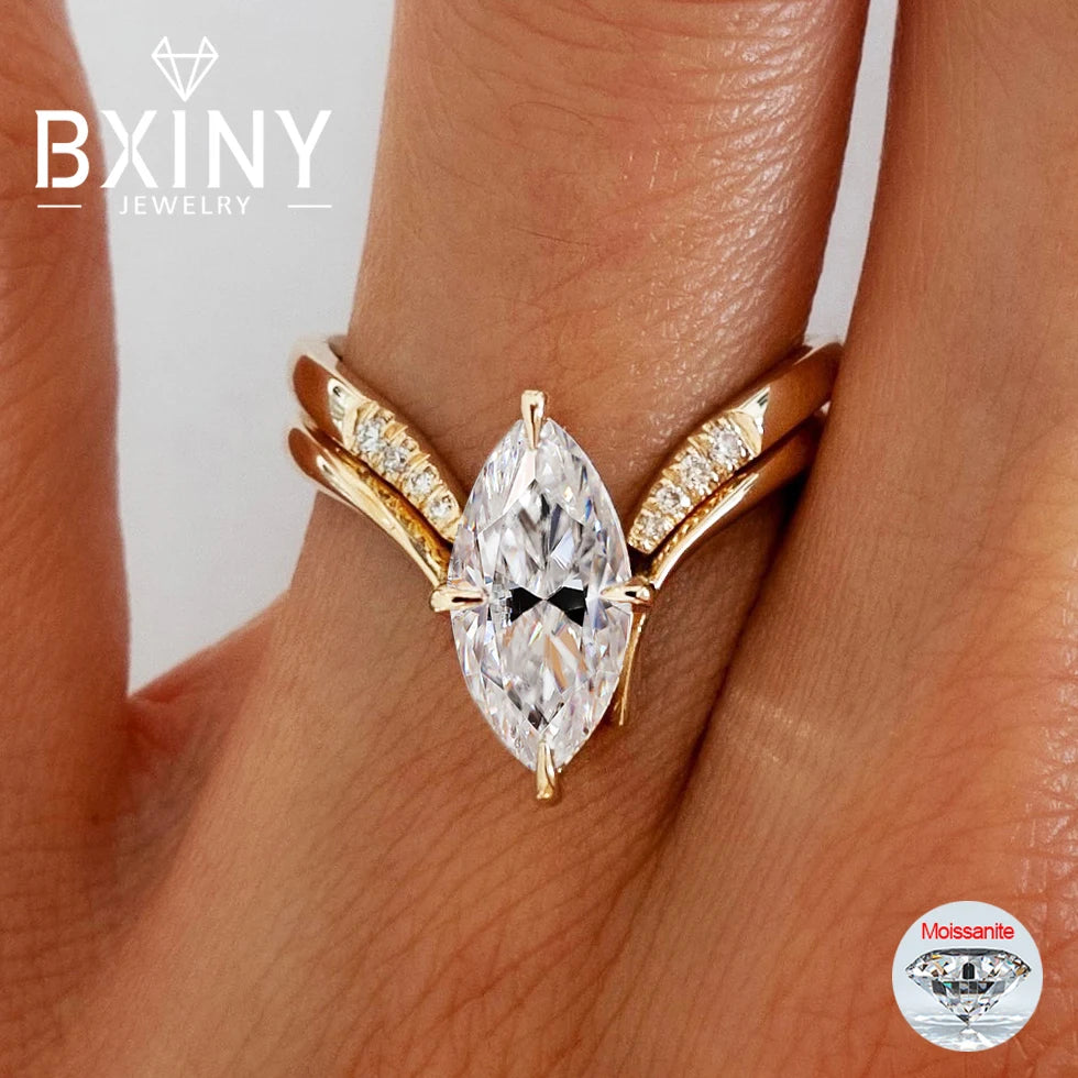 Marquise Cut Moissanite Ring Set S925 Silver Plate 18K Gold for Women GRA Certified Lab Diamond Wedding Band Gifts Jewelry