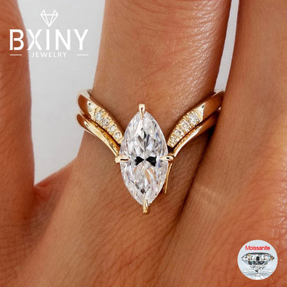 Marquise Cut Moissanite Ring Set S925 Silver Plate 18K Gold for Women GRA Certified Lab Diamond Wedding Band Gifts Jewelry