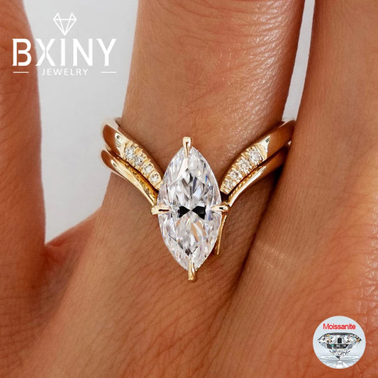 Marquise Cut Moissanite Ring Set S925 Silver Plate 18K Gold for Women GRA Certified Lab Diamond Wedding Band Gifts Jewelry