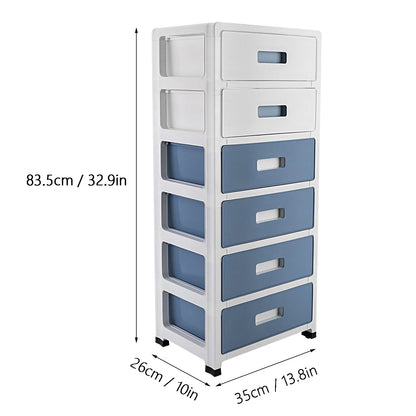 White and blue storage tower with drawers and dimensions labeled