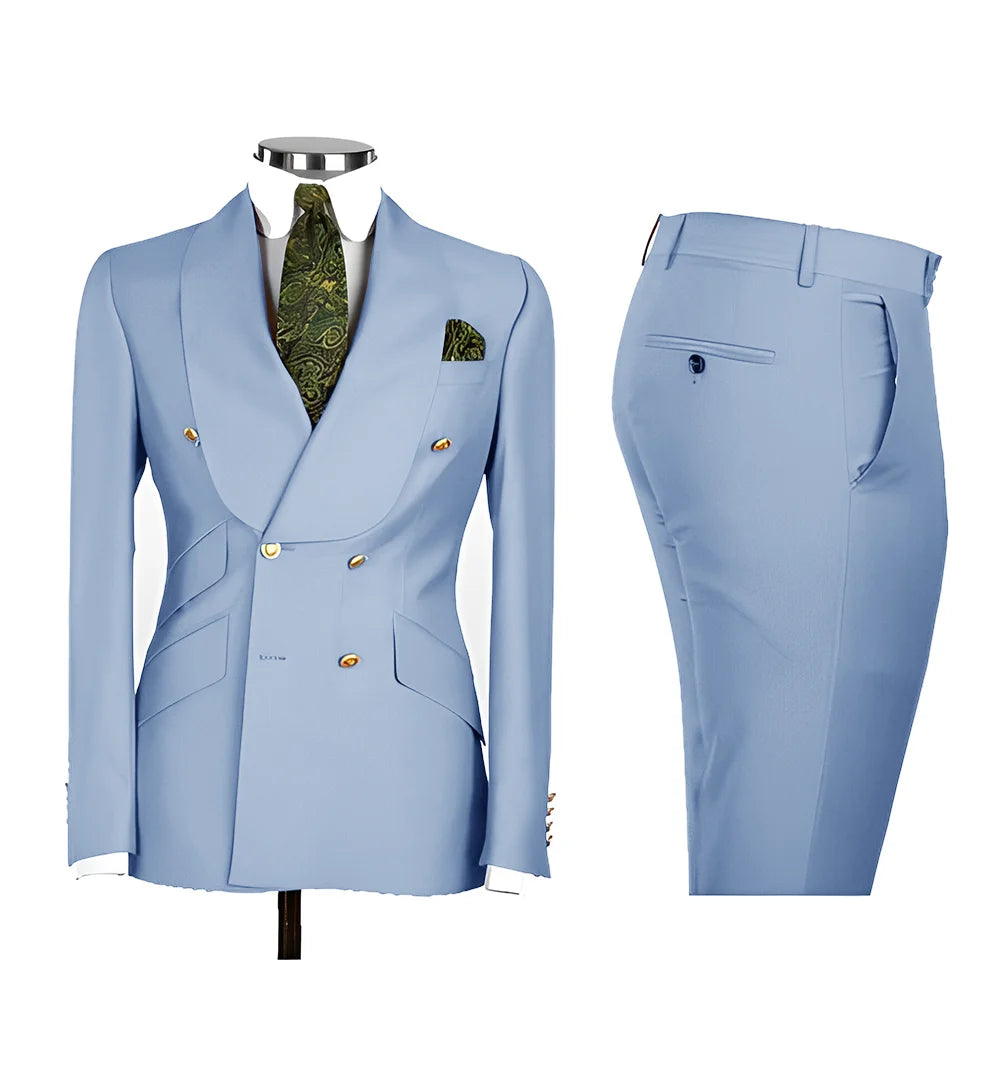Chic Light Blue Double‑Breasted Groom Suit – Peak Lapel 2‑Piece Formal Wedding Tux Set