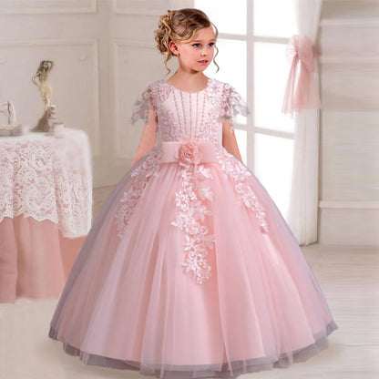 Girl's Elegant Wedding Embroidered Mesh Princess Graduation Party Prom Evening Dress 4–12-Year-Old