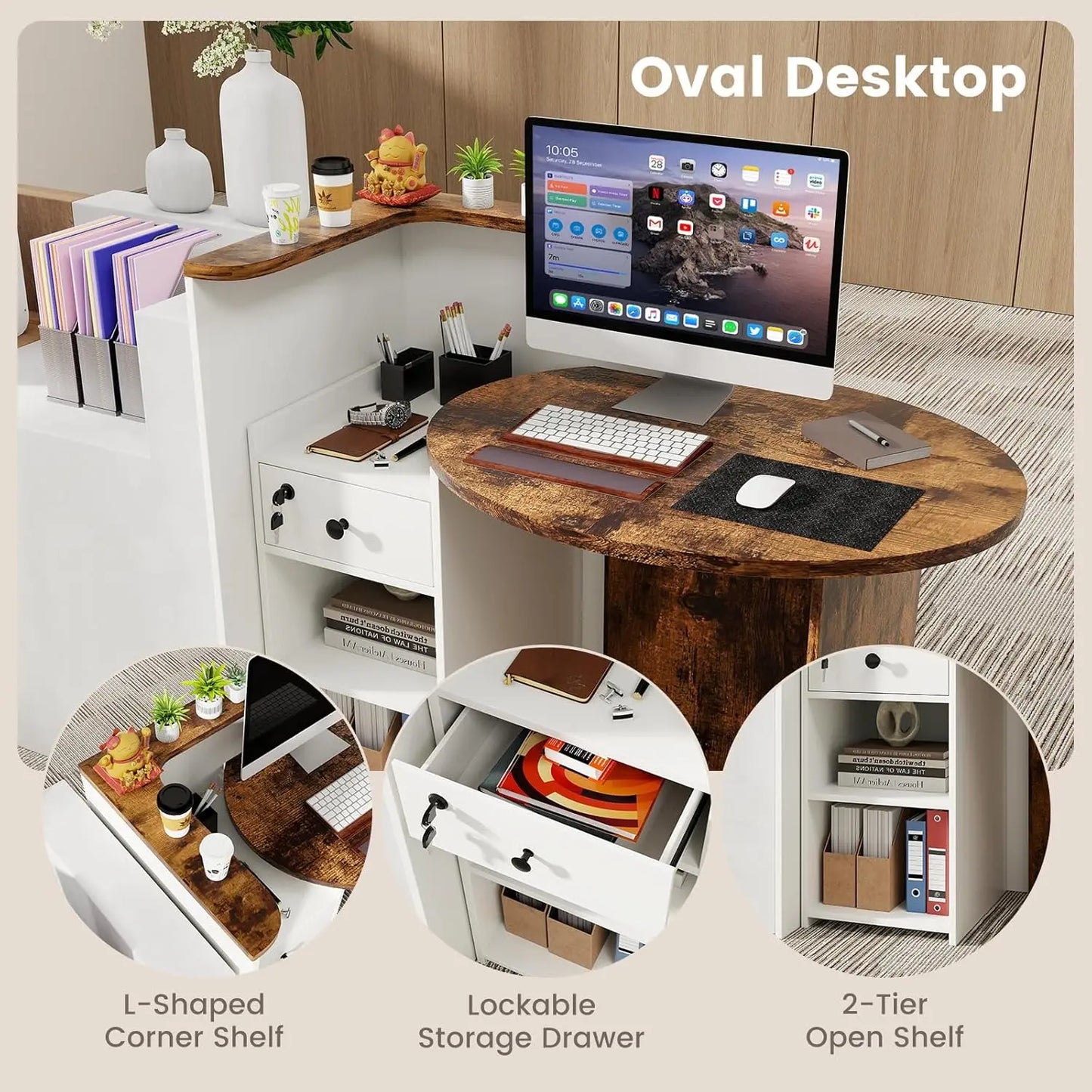 Reception Desk, Small Retail Checkout Counter with Lockable Drawer and Open Shelves, Wooden Computer Workstation, Customized
