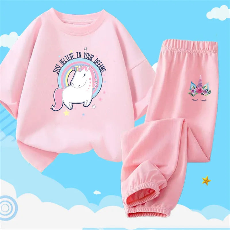 Teens Girls' 2-Piece Fashion Outfit: Princess Short Sleeve T-Shirt and Long Pants Tracksuit Set