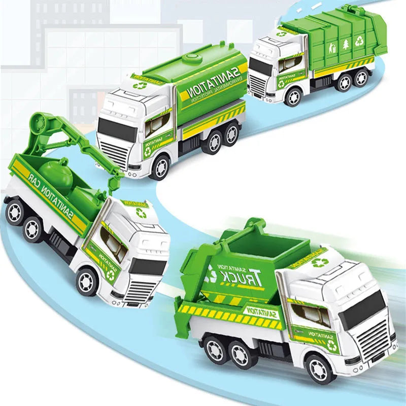 4Pcs Kids Toy Car Mini Pull Back Environmental Sanitation Vehicle Inertia Garbage Truck Models Boys Toys for Children Funny Gift