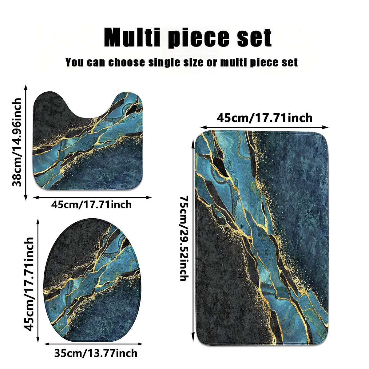 A three piece set of dark green marble pattern can be purchased individually or set together for bathroom carpets