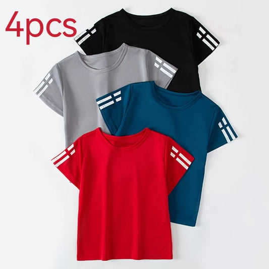 Children's Quick-Drying Summer Sports Shirt: Solid Color, Short Sleeve, Casual, Plus Size (Pack of 1 or 4) for Boys and Girls