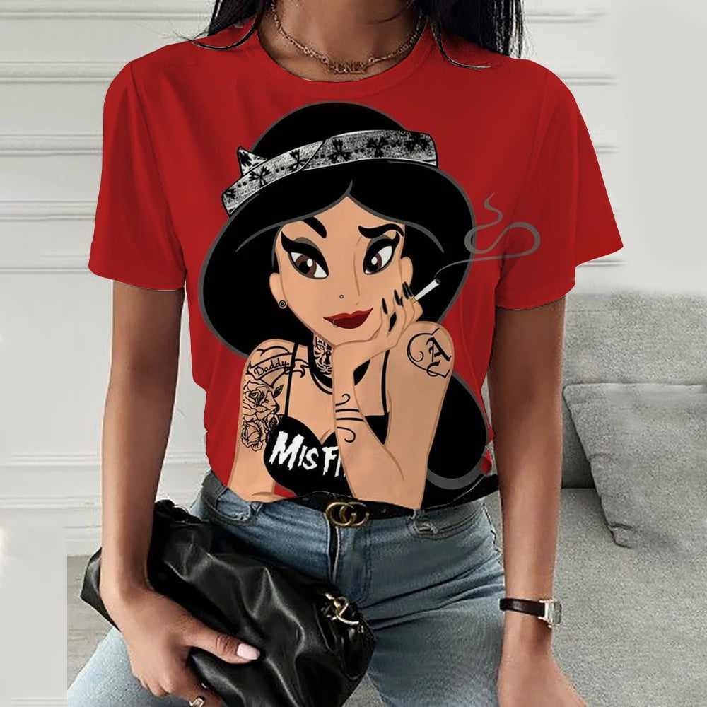 Disney Princess Cartoon Printed Women T-shirt  Short Sleeve Casual Round Neck