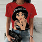 Disney Princess Cartoon Printed Women T-shirt  Short Sleeve Casual Round Neck