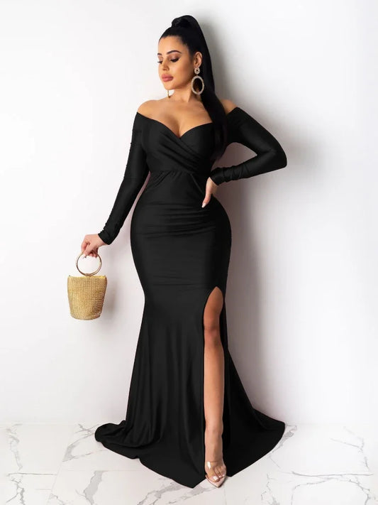 Leosoxs Autumn Winter Women Off Shoulder Plunging V-neck High Side Split Mermaid Maxi Dress Sexy Night Party Club Long Dresses