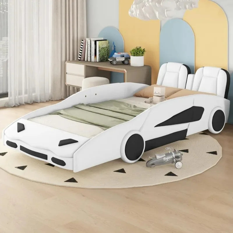 Twin Size Boys Car Bed,Race Car-Shaped Platform Wooden Bedframe  ,Slat Support,Toy Furniture for  Child's Bedroom,White