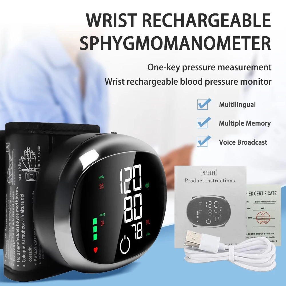 Digital Wrist Blood Pressure Meter Automatic Voice Tonometer Heart Rate Monitor Smart Touch LCD Screen Charge Sphygmomanometer