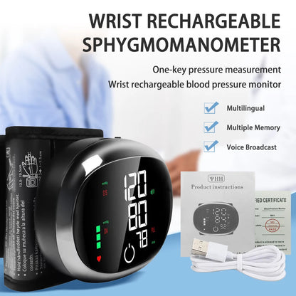 Digital Wrist Blood Pressure Meter Automatic Voice Tonometer Heart Rate Monitor Smart Touch LCD Screen Charge Sphygmomanometer