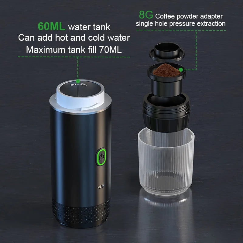 Wireless Electric Portable Espresso Coffee Machine for Car & Home Camping 3-in-1 Capsule