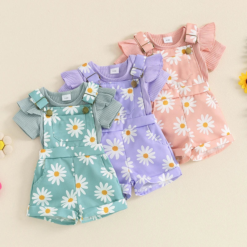0-18months baby Girls summer Shorts  Set Short Sleeve Romper Flower Print Suspender Shorts Summer Outfit for  Toddler girls