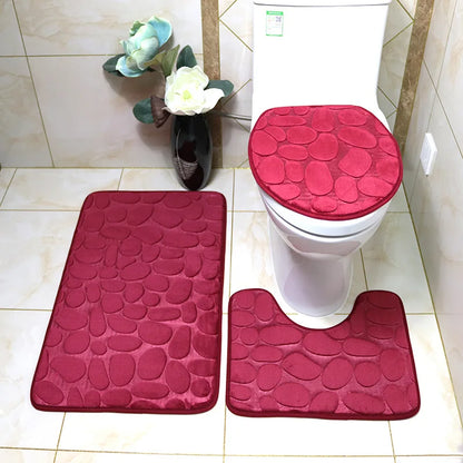 Set of 3 Bathroom Bath Mat Set  Soft Non Slip or 2PCS Cobblestone Absorbent Bathroom Mat Rug Carpets and Toilet Lid