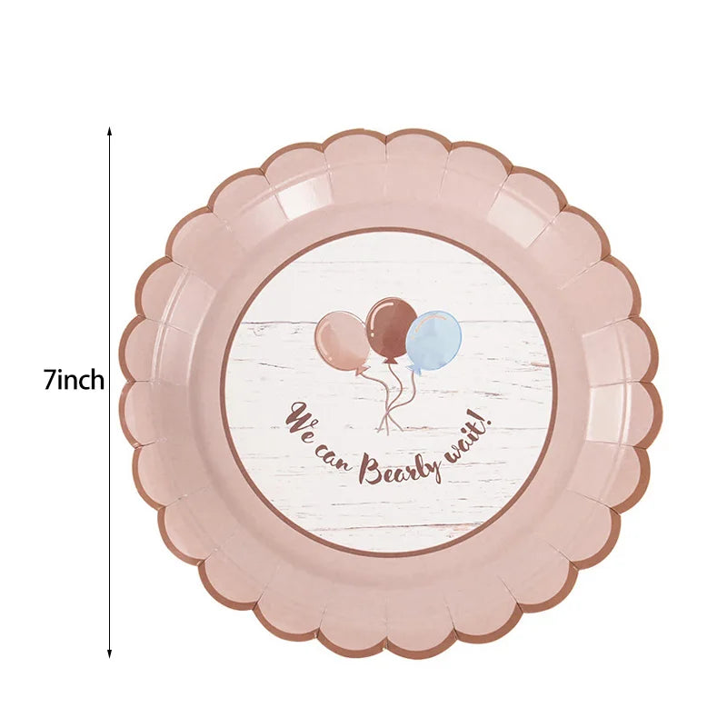 10Pcs Cute Bear Disposable Tableware Paper Plates Cups Gender Reveal Baby Shower Decoration Happy Birthday Party Supplies