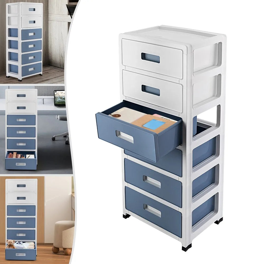 White and blue storage unit with drawers in a room setting