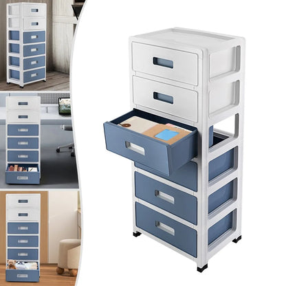 White and blue storage unit with drawers in a room setting
