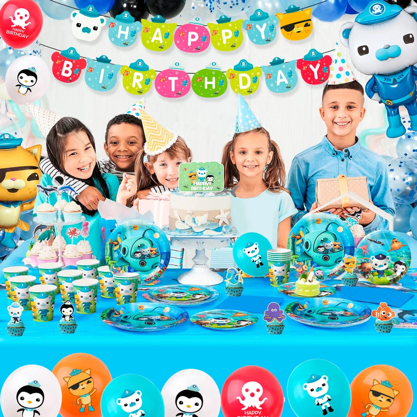 114‑Pcs Octonauts Party Kit – Plates, Napkins, Tablecloth, Balloons & More