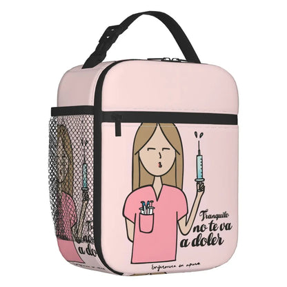 Custom cartoon-printed lunch bag featuring ladies, nurses, and doctors. Thermal insulated, reusable, and multifunctional, perfect for kids' food bento boxes.