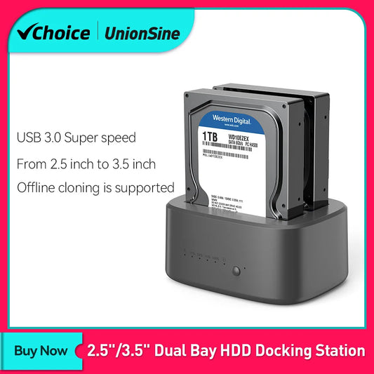 UnionSine Dual Bay HDD Docking Station with Offline Clone SATA to USB 3.0 HDD Clone Docking Station for 2.5/3.5'' SSD HDD Case