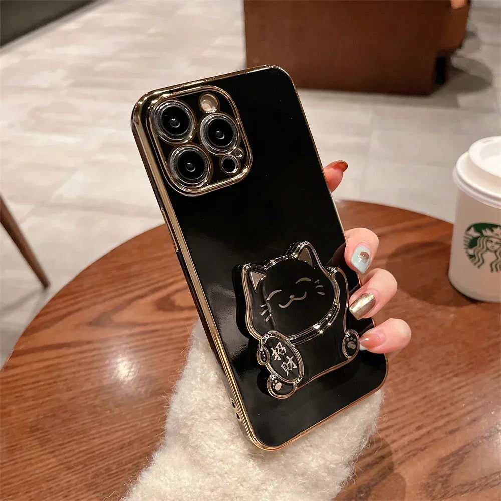 Lucky Cat Folding Stand Silicone Phone Case for iPhone 16 15 14 Pro Max 13 12  Plus XR  Max 11 Luxury Plating Case