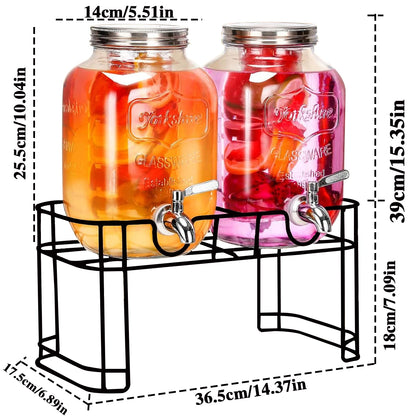 Drink Dispenser 2 Packs 1 Gallon Glass with Stand and 304 Stainless Steel Faucet Party Iced Tea Lemonade Juice Water Dispenser