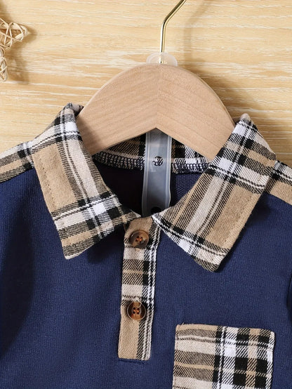 2-Piece Baby Boy Summer School Plaid Collared Short Sleeve Top + Casual Shorts New Fashion Casual Comfort Sports Suit