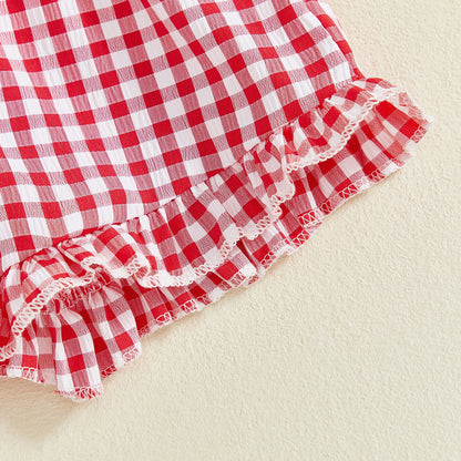 Toddler Baby Girl Summer Clothes Strawberry Outfit Sleeveless Ruffle Tank Top and Red Gingham Plaid Shorts Set 2Pcs
