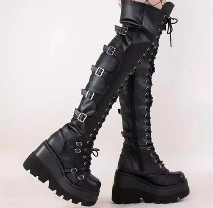 Fashion High Boots Women Platform Wedges Motorcycle Boot Over The Knee Army Stripper Heels Black Lace-up Belt Buckle Long Boots