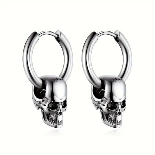 1 pair of silver men's earrings for Halloween decoration Skull Horror party bar European retro punk trend  Stainless steel woman