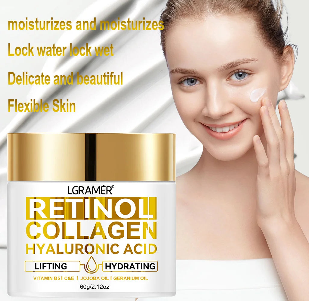 Retinol Anti-Aging Face Cream: Moisturizing wrinkle Remover with Collagen and Hyaluronic Acid, available in 30ML and 60ML.