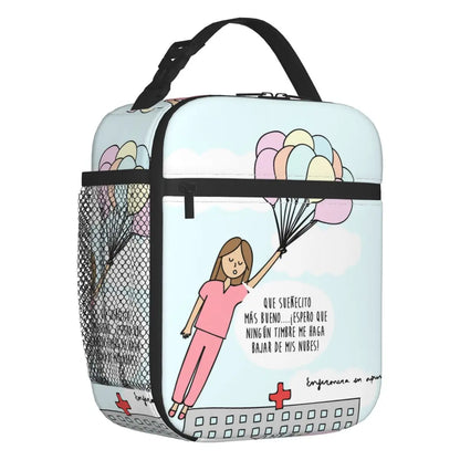 Custom cartoon-printed lunch bag featuring ladies, nurses, and doctors. Thermal insulated, reusable, and multifunctional, perfect for kids' food bento boxes.