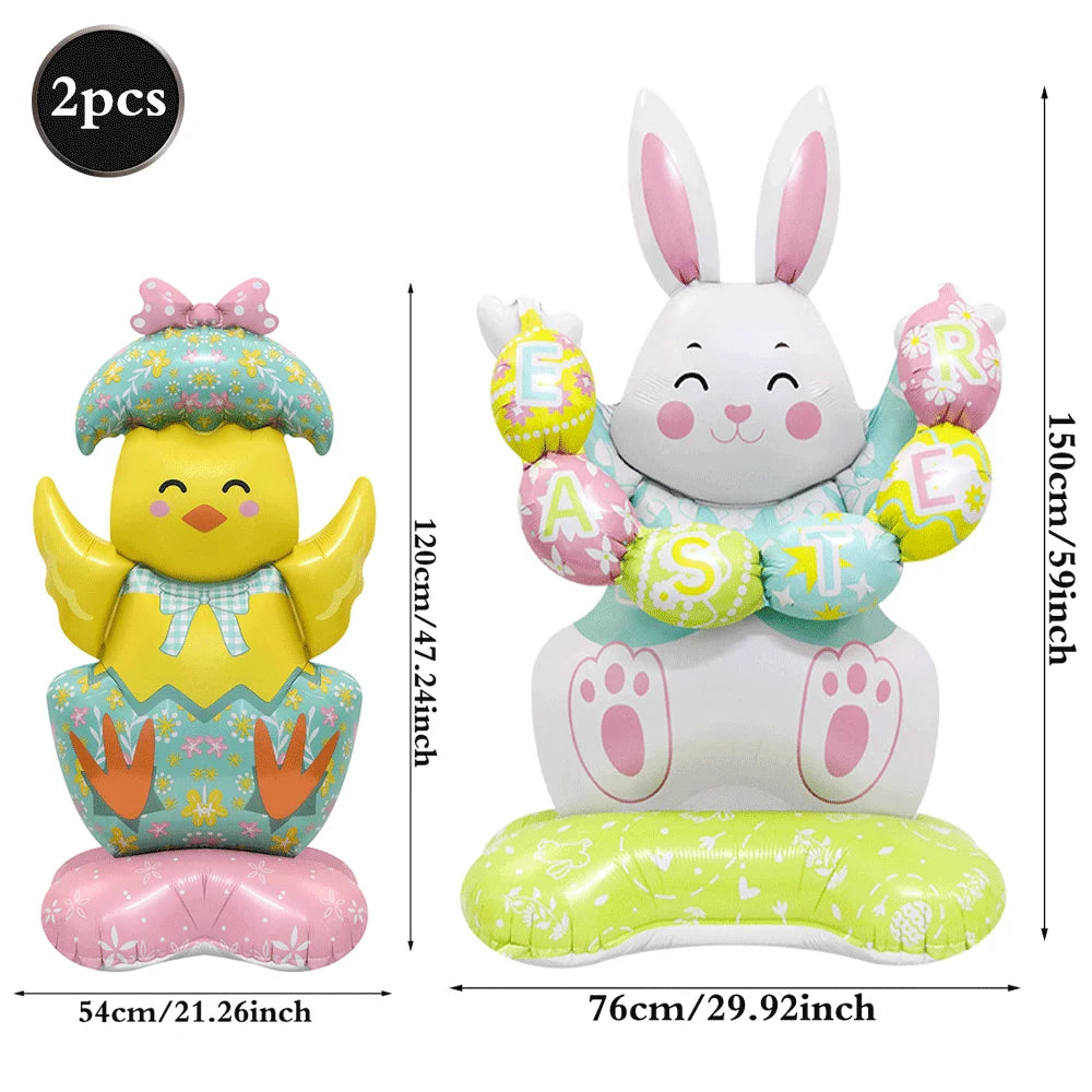 2Pcs Self Standing Easter Bunny Balloons Giant Bunny Carrot Chick Foil Balloon Easter Egg Decoration Home Holiday Party Supplies