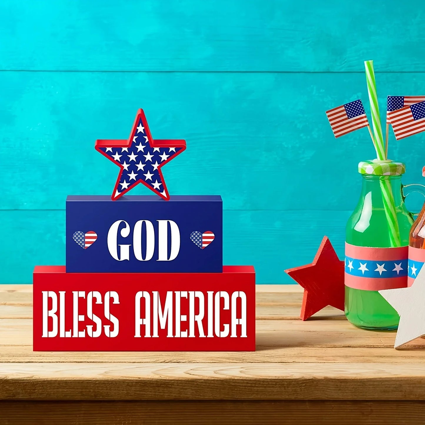 3Pcs 4th of July Patriotic Decorations GOD BLESS AMERICA Wooden Signs, Fourth of July Red White Blue Decorations for Memorial