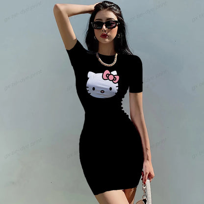 Women Hello Kitty Print Mini High Waist Casual Short Sleeve Dress