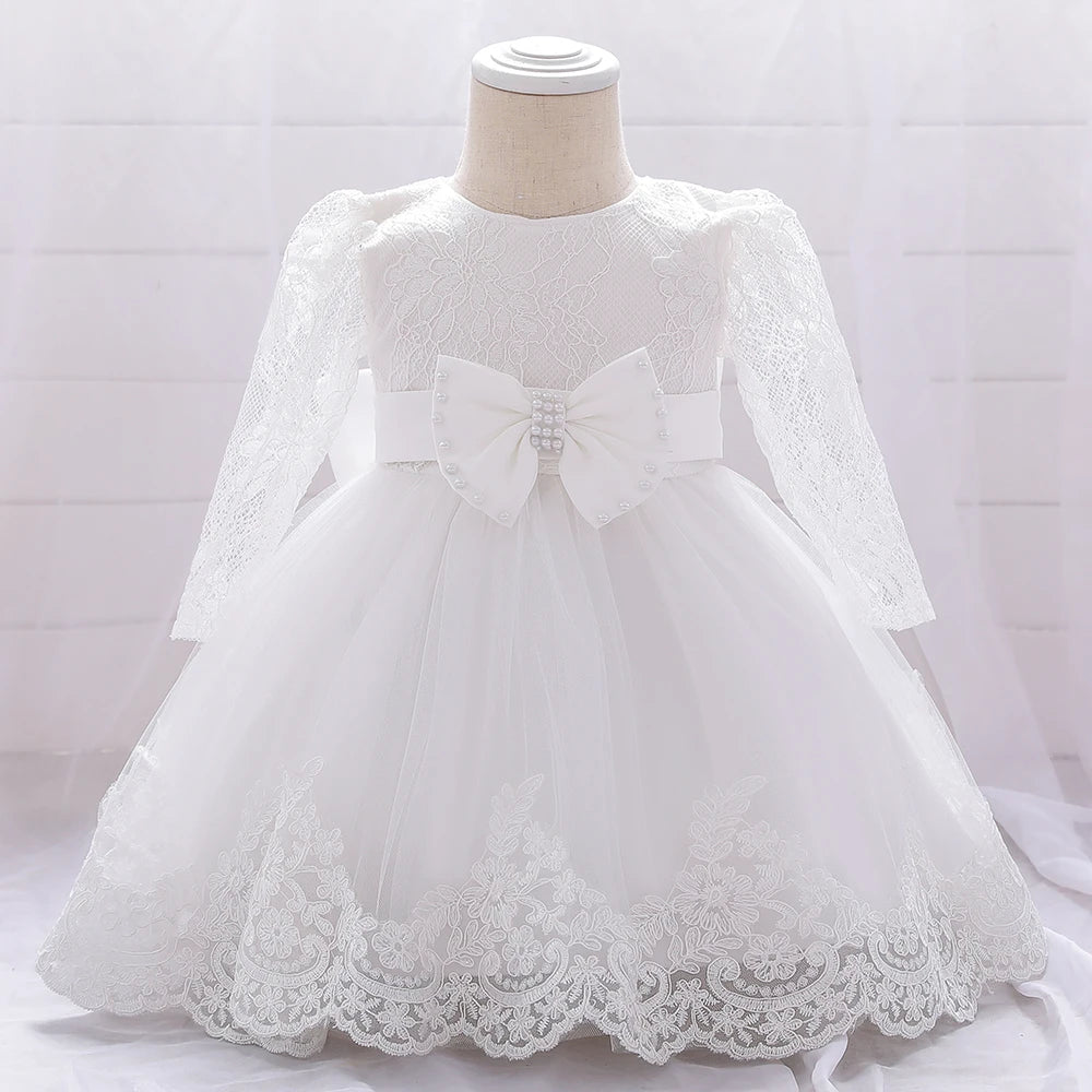 Long Sleeve Baby Girls Dress Newborn White Baptism Tulle Party Wedding 1st Birthday Princess Dresses Infant Girls Bow Prom Gown